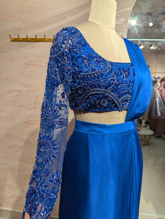 Electric blue crystal embellished draped skirt saree