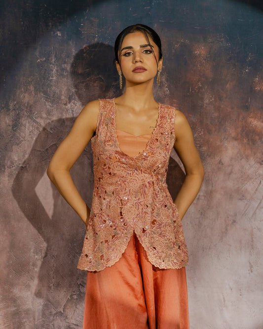 Rust orange cut work overlap jacket with flared palazo set