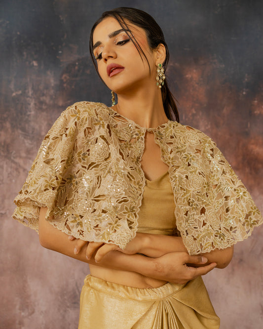 Gold cape draped skirt set
