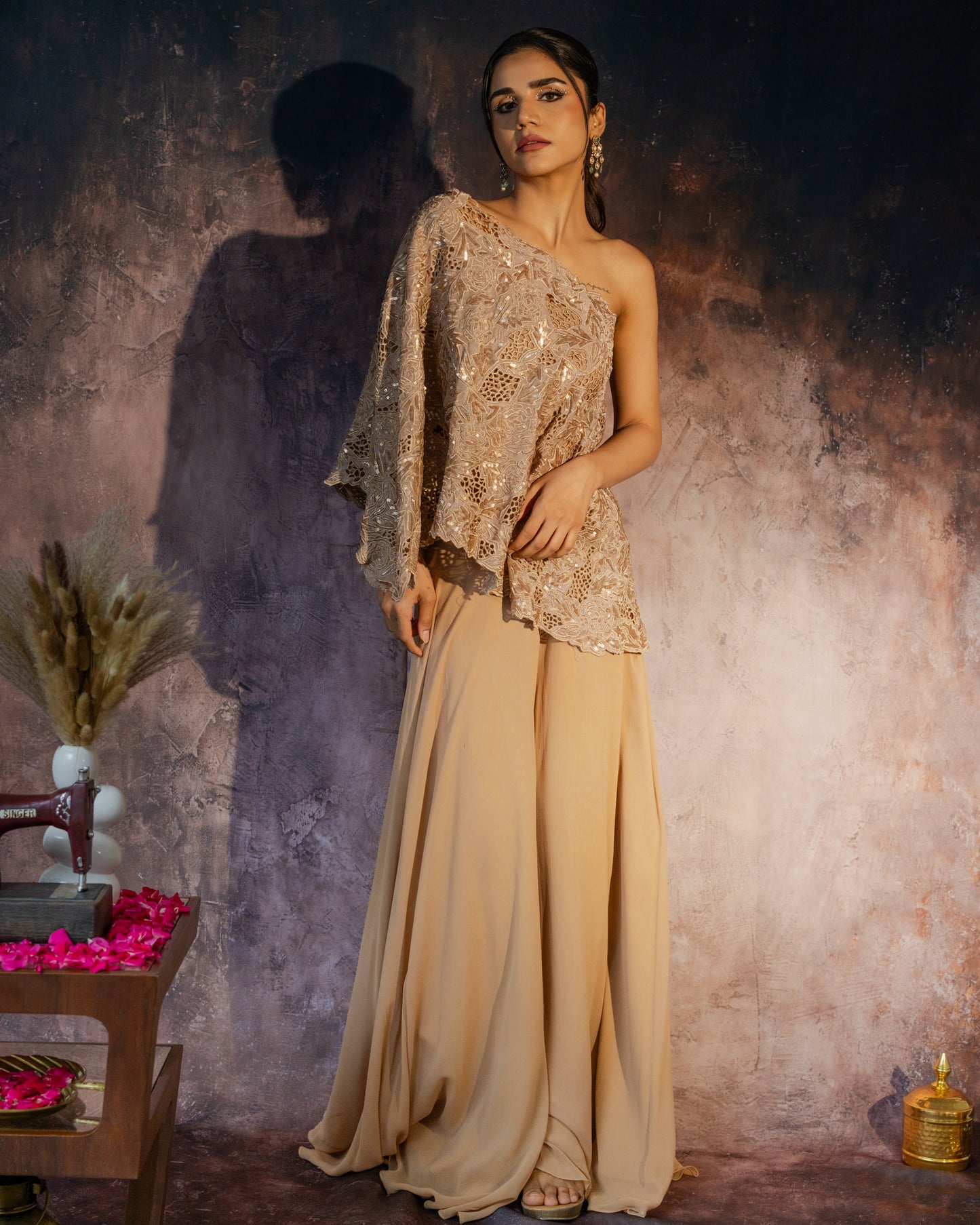 Muted gold one-shoulder cut work cape set with flared palazzo