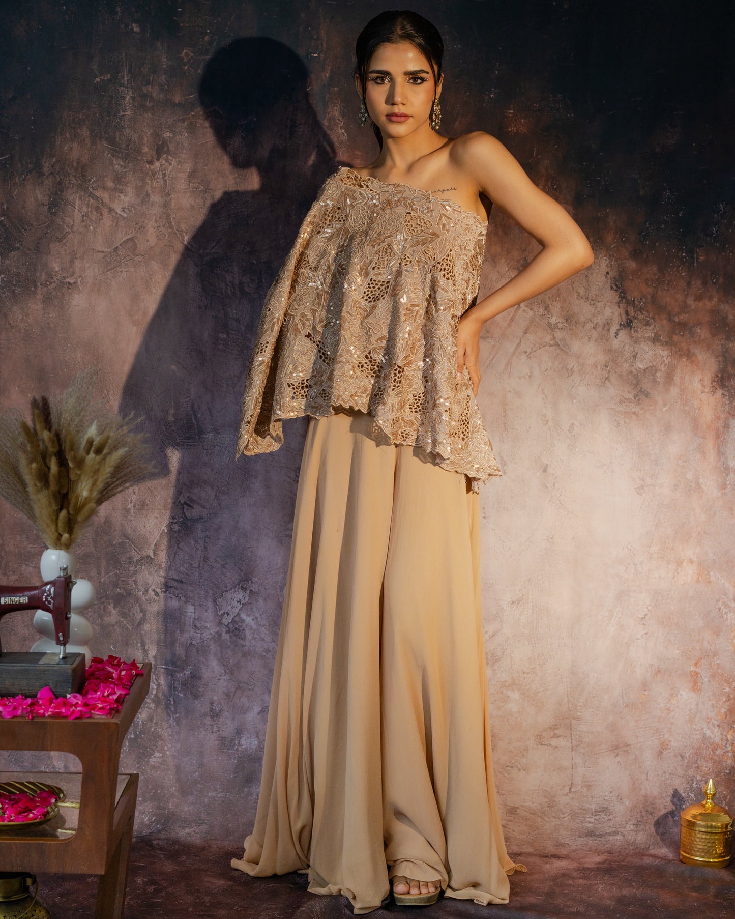 Muted gold one-shoulder cut work cape set with flared palazzo