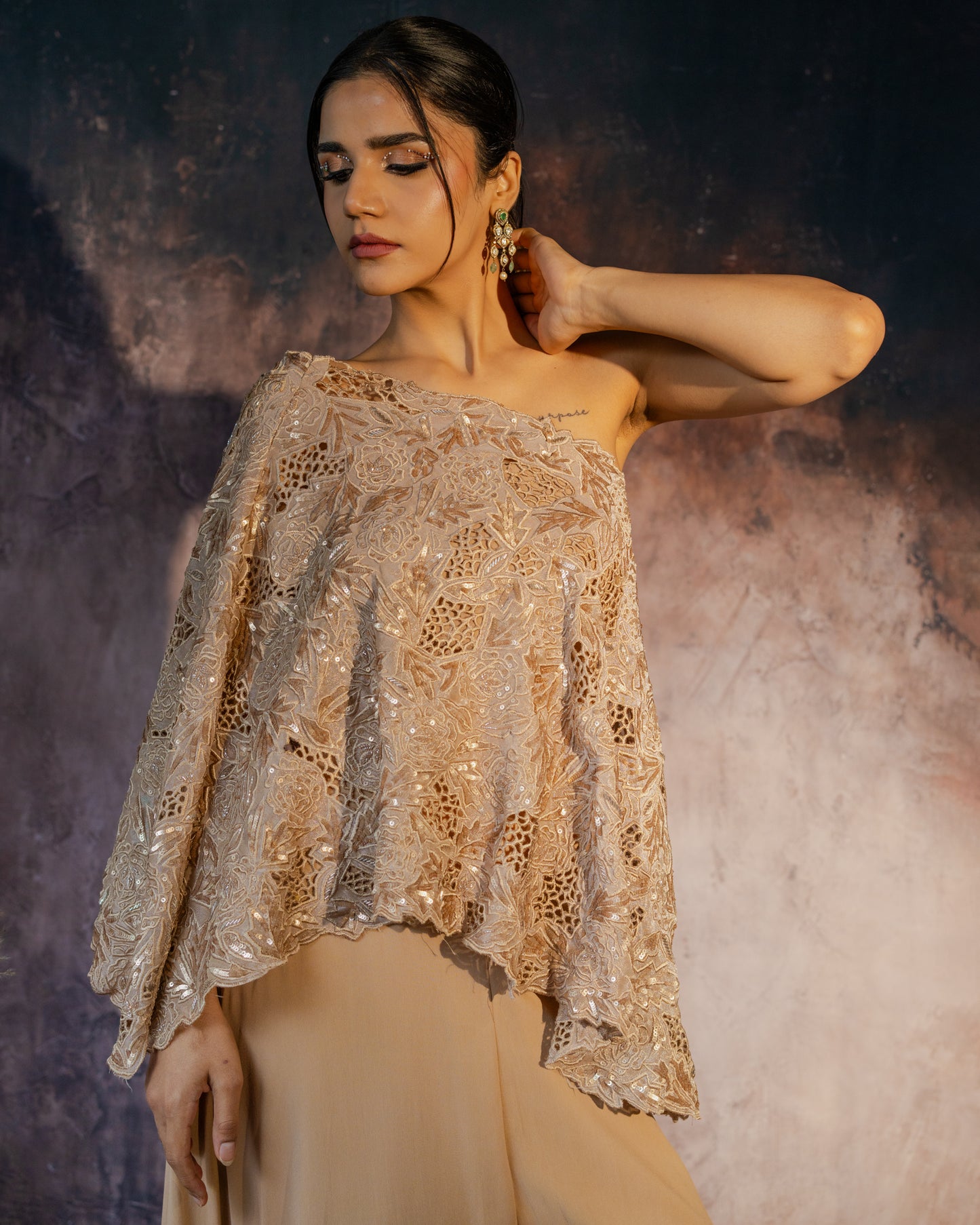 Muted gold one-shoulder cut work cape set with flared palazzo