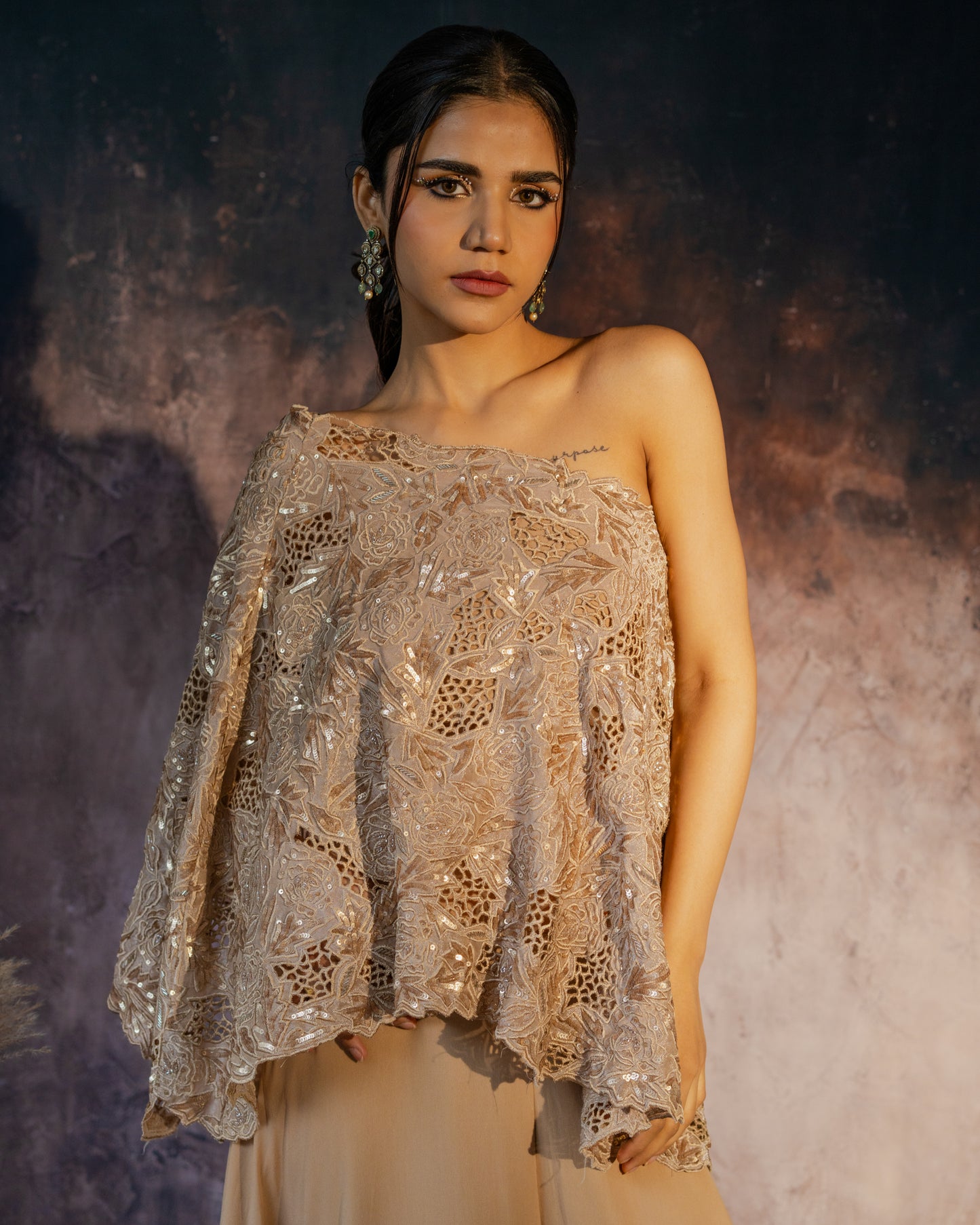 Muted gold one-shoulder cut work cape set with flared palazzo