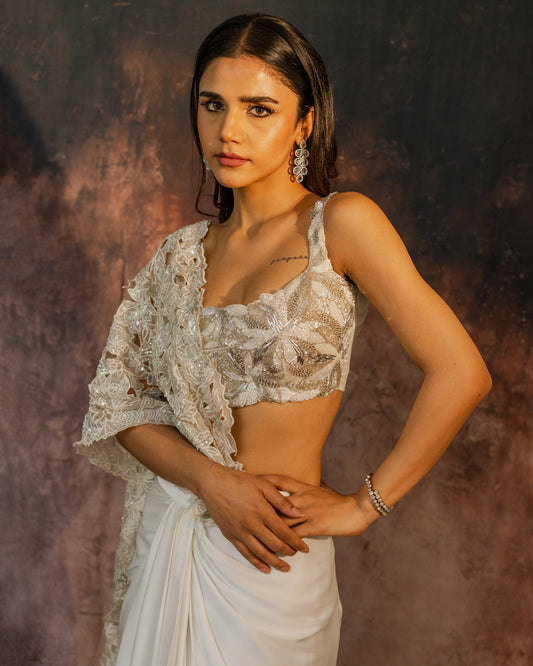 Ivory pre-draped saree set with statement cut work pallu