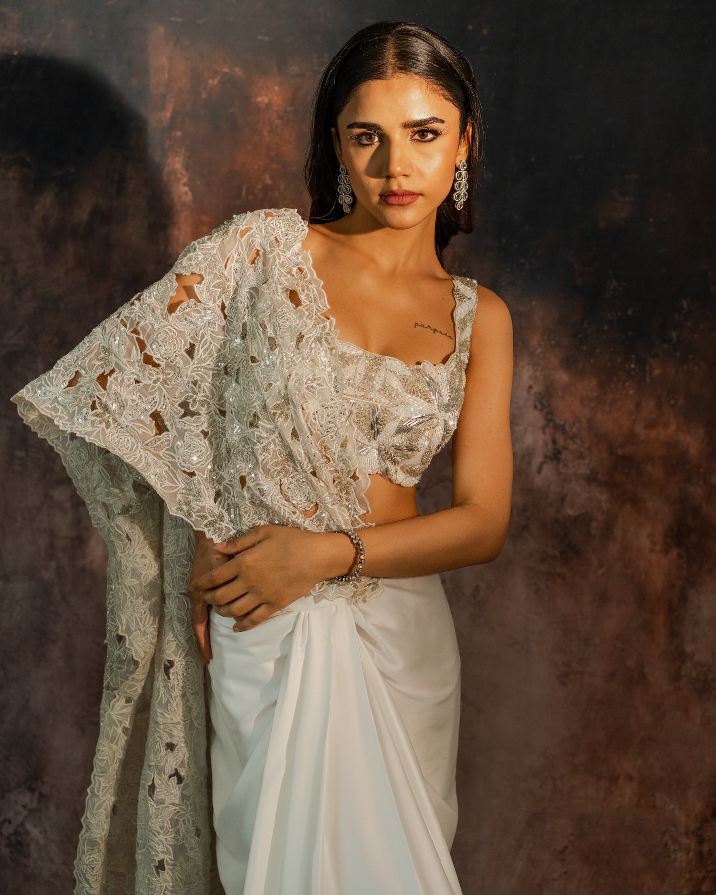 Ivory pre-draped saree set with statement cut work pallu