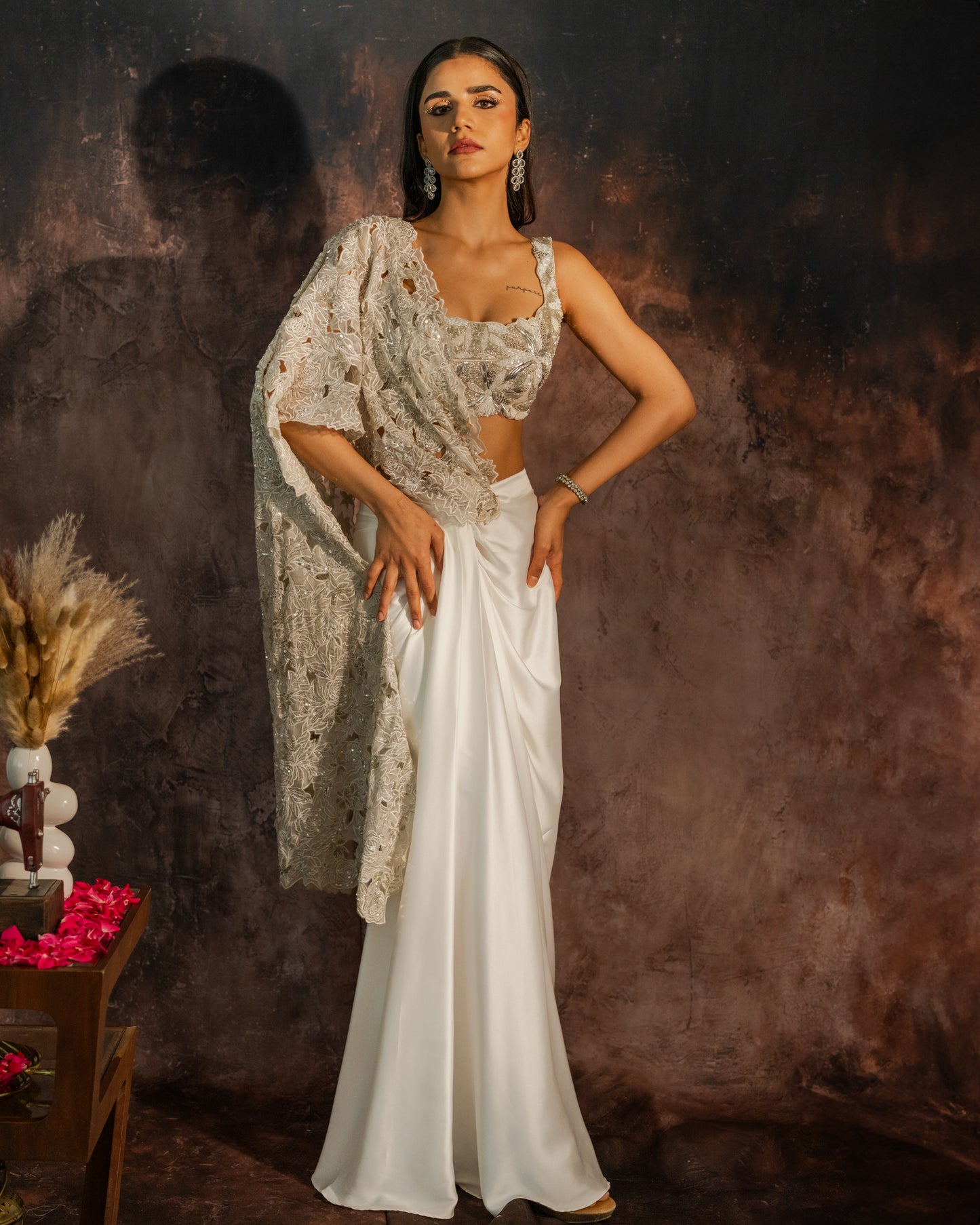 Ivory pre-draped saree set with statement cut work pallu