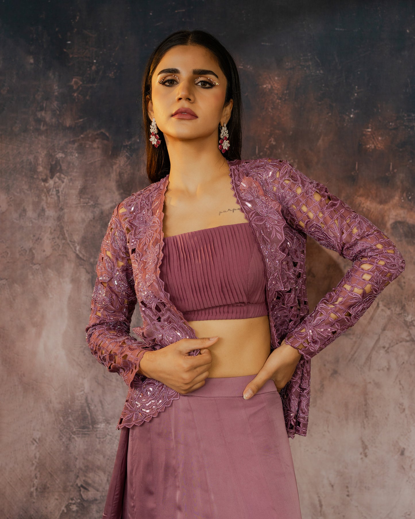Mauve cut-work jacket skirt set