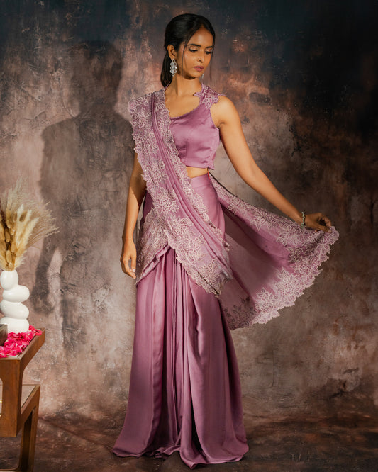 Lilac cut work pre-draped saree set