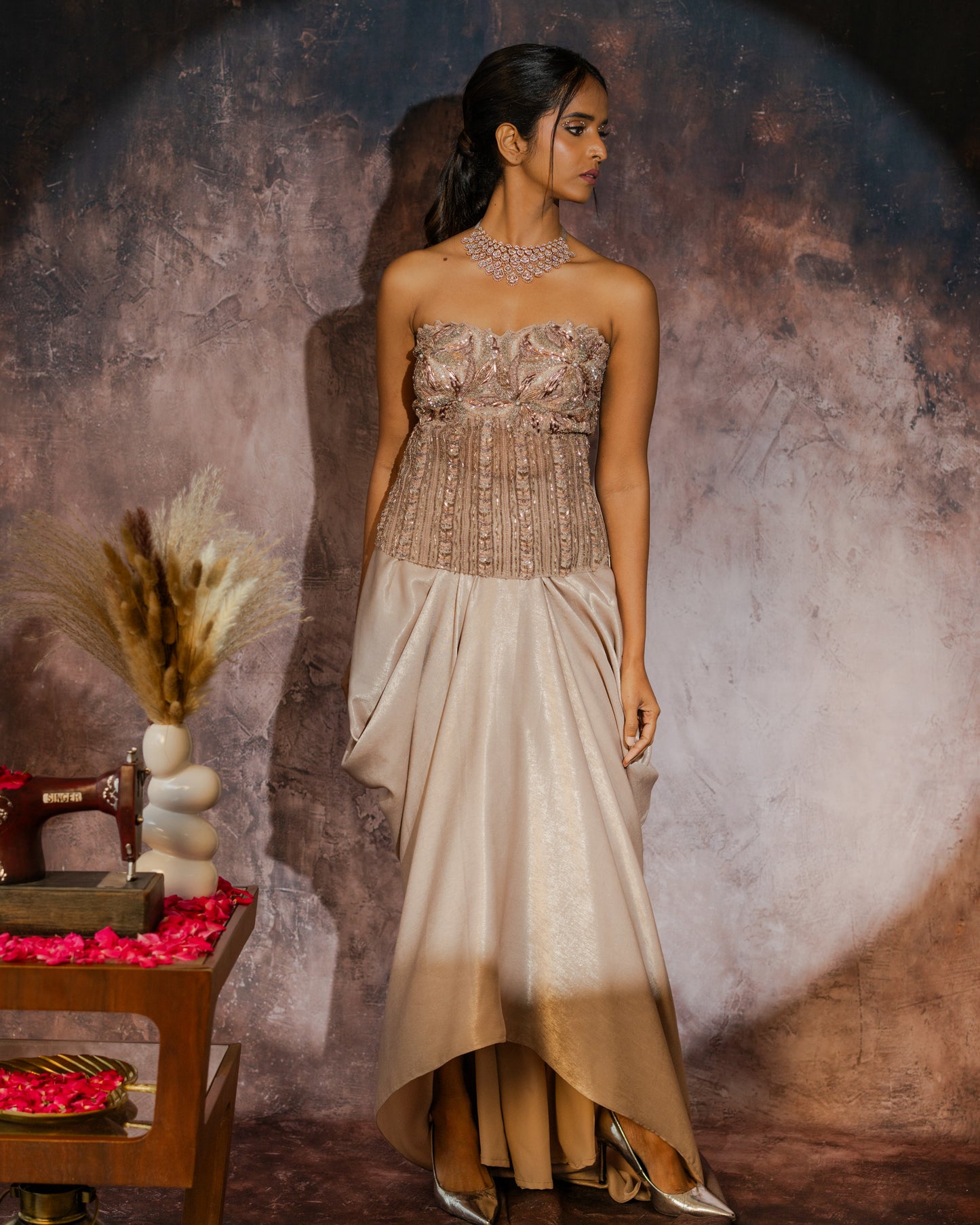 Champagne gold corset draped skirt set
