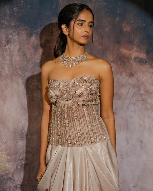 Champagne gold corset draped skirt set