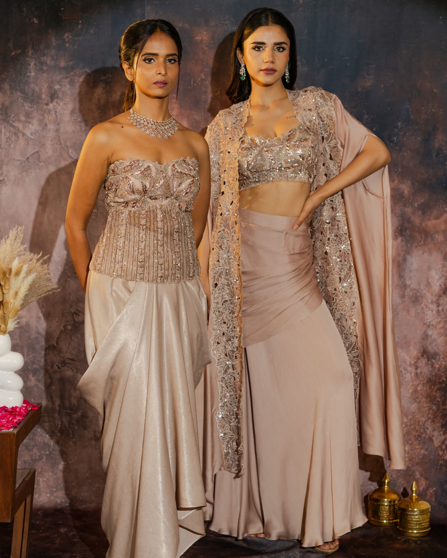 Champagne gold corset draped skirt set