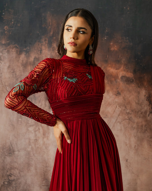 Scarlet structured abstract gown with dupatta