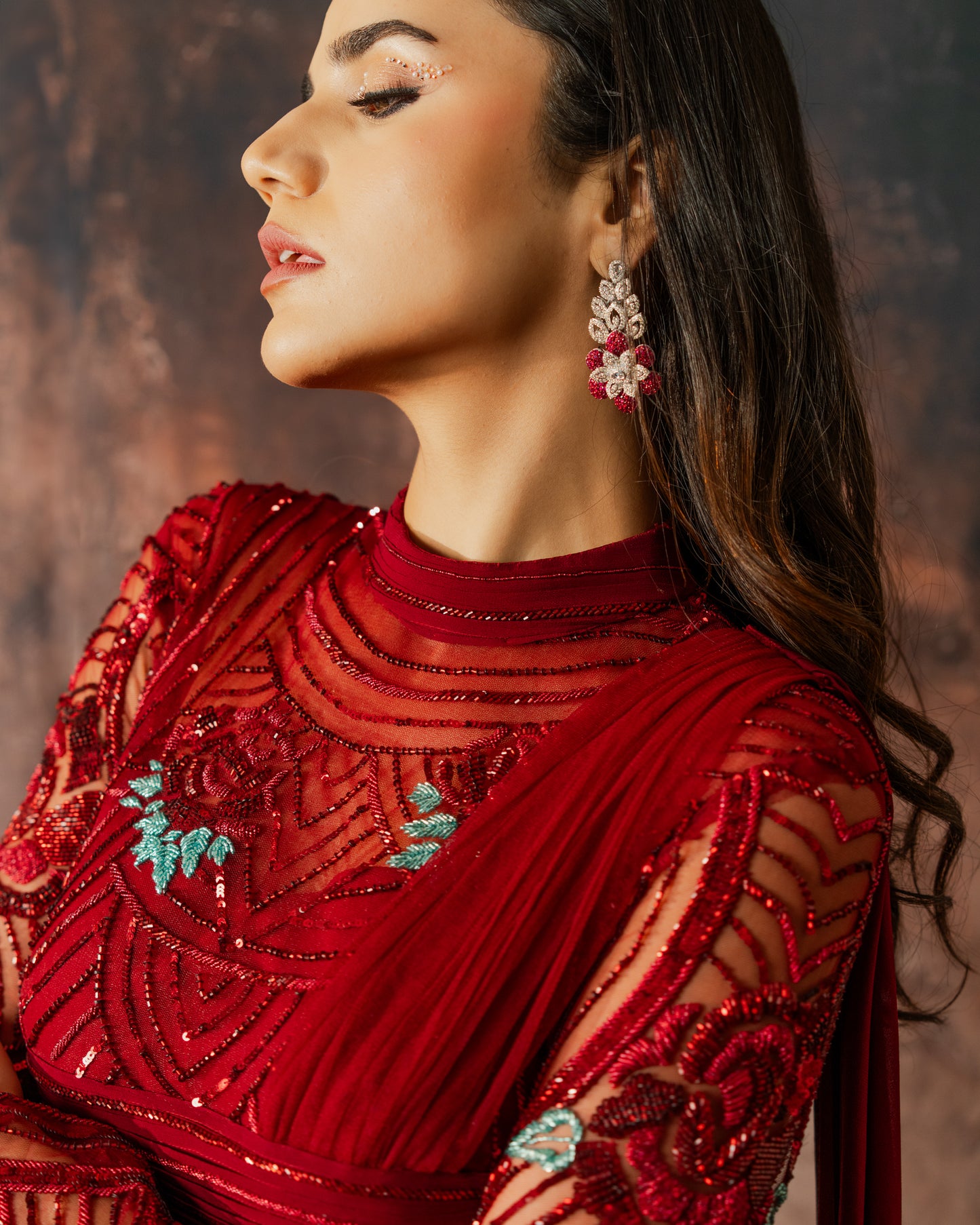 Scarlet structured abstract gown with dupatta