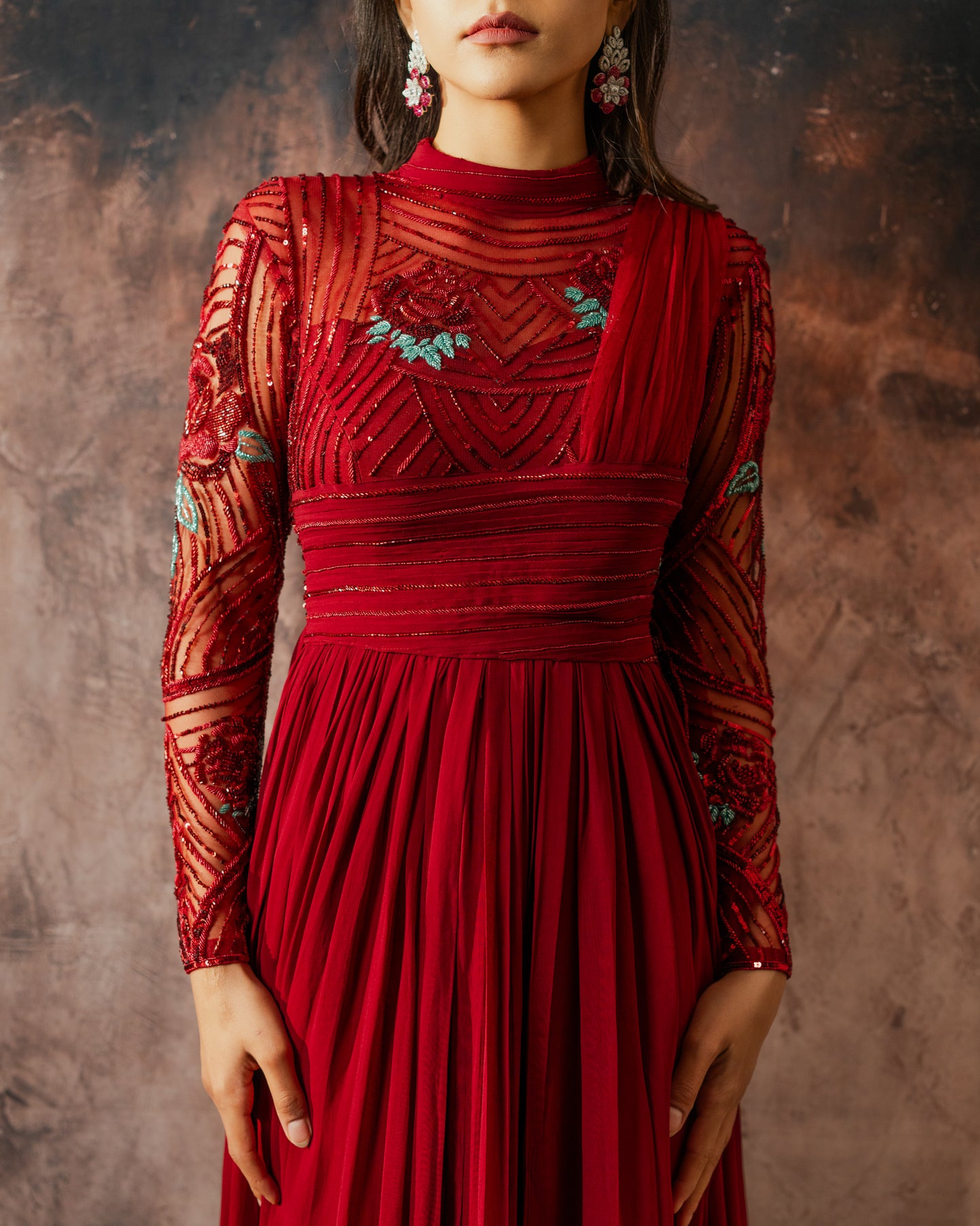 Scarlet structured abstract gown with dupatta