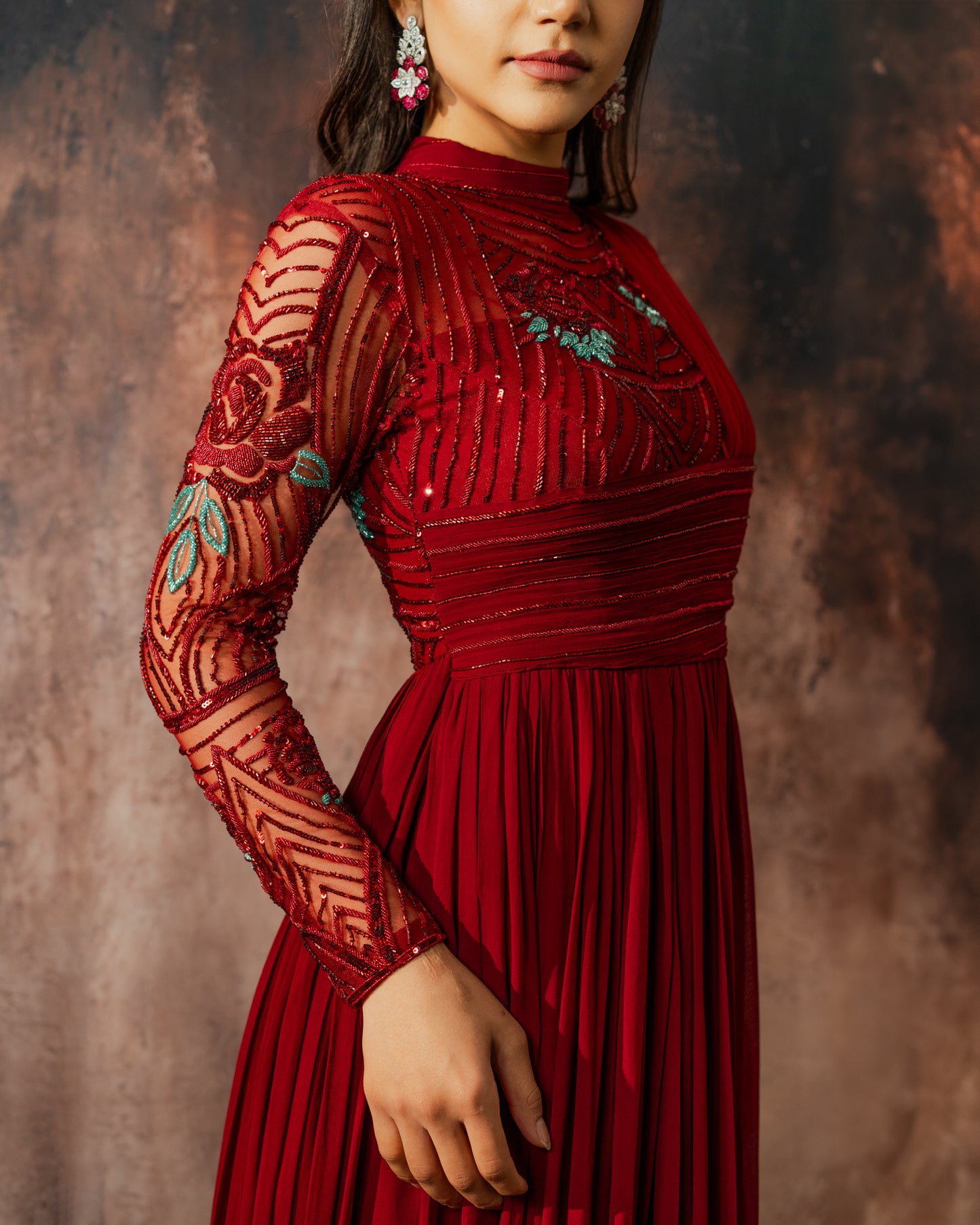 Scarlet structured abstract gown with dupatta