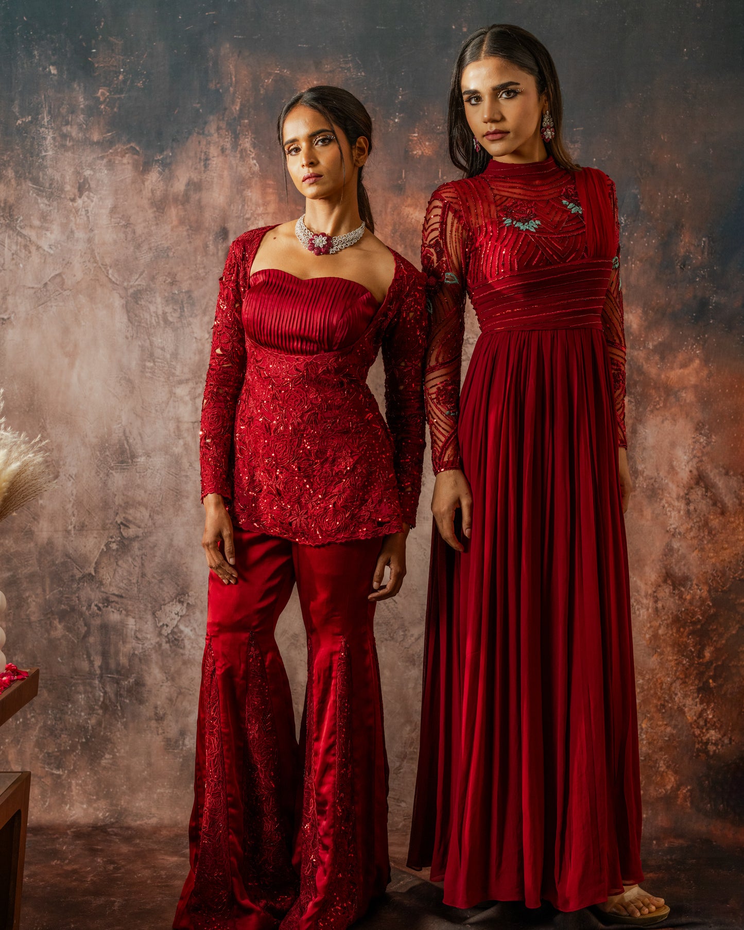 Scarlet structured abstract gown with dupatta