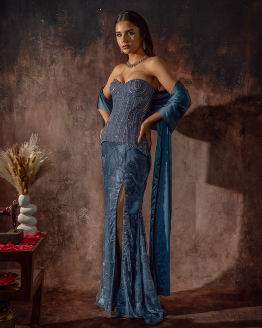 Midnight muse corset mermaid slit skirt set