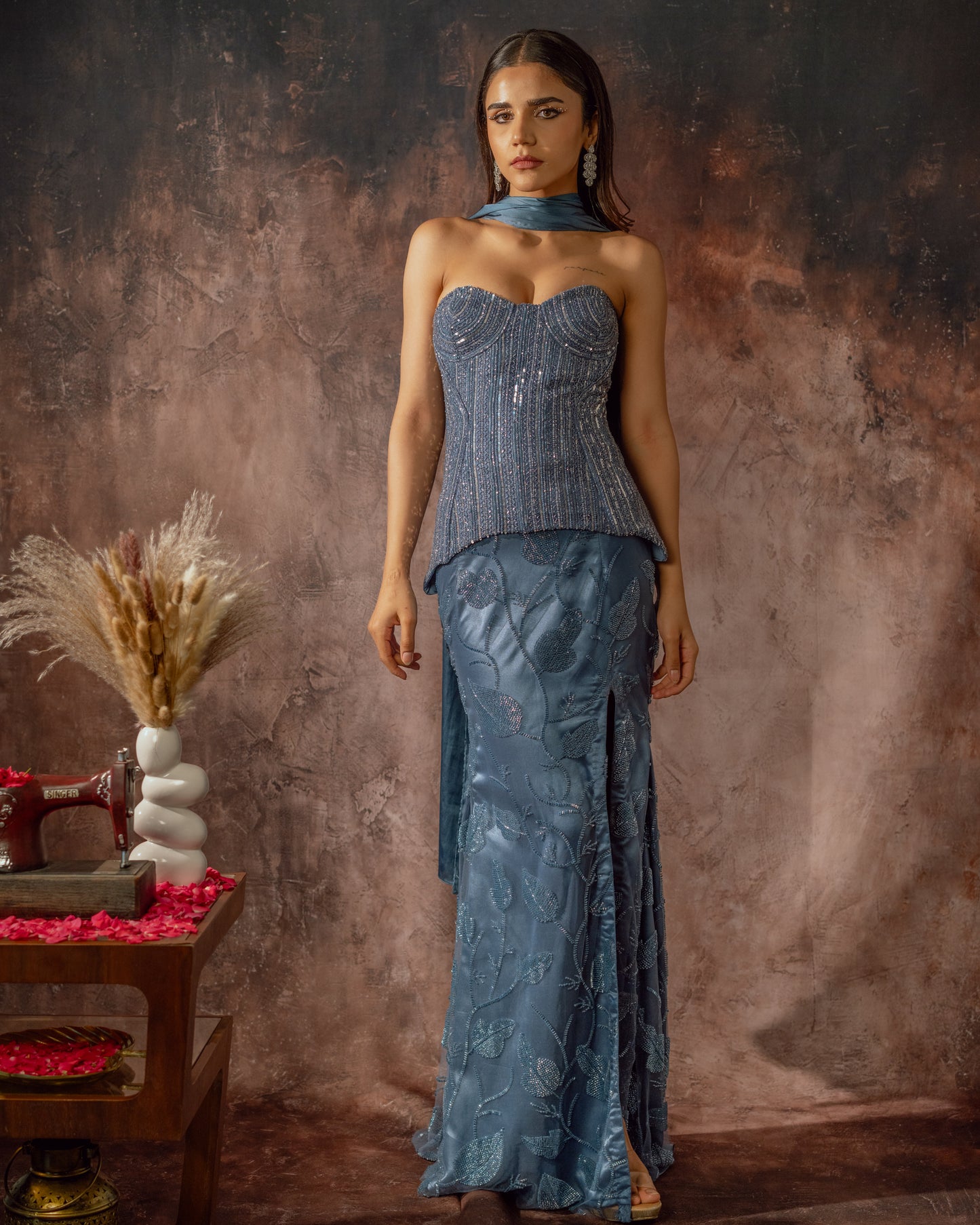Midnight muse corset mermaid slit skirt set