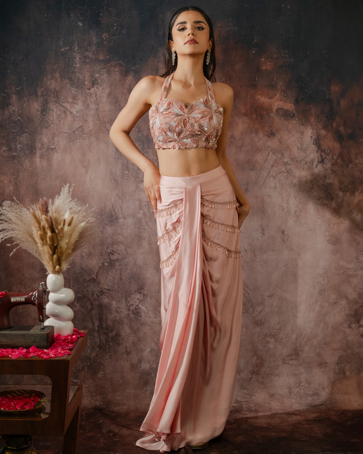 Cleopatra dusky rosè draped skirt set