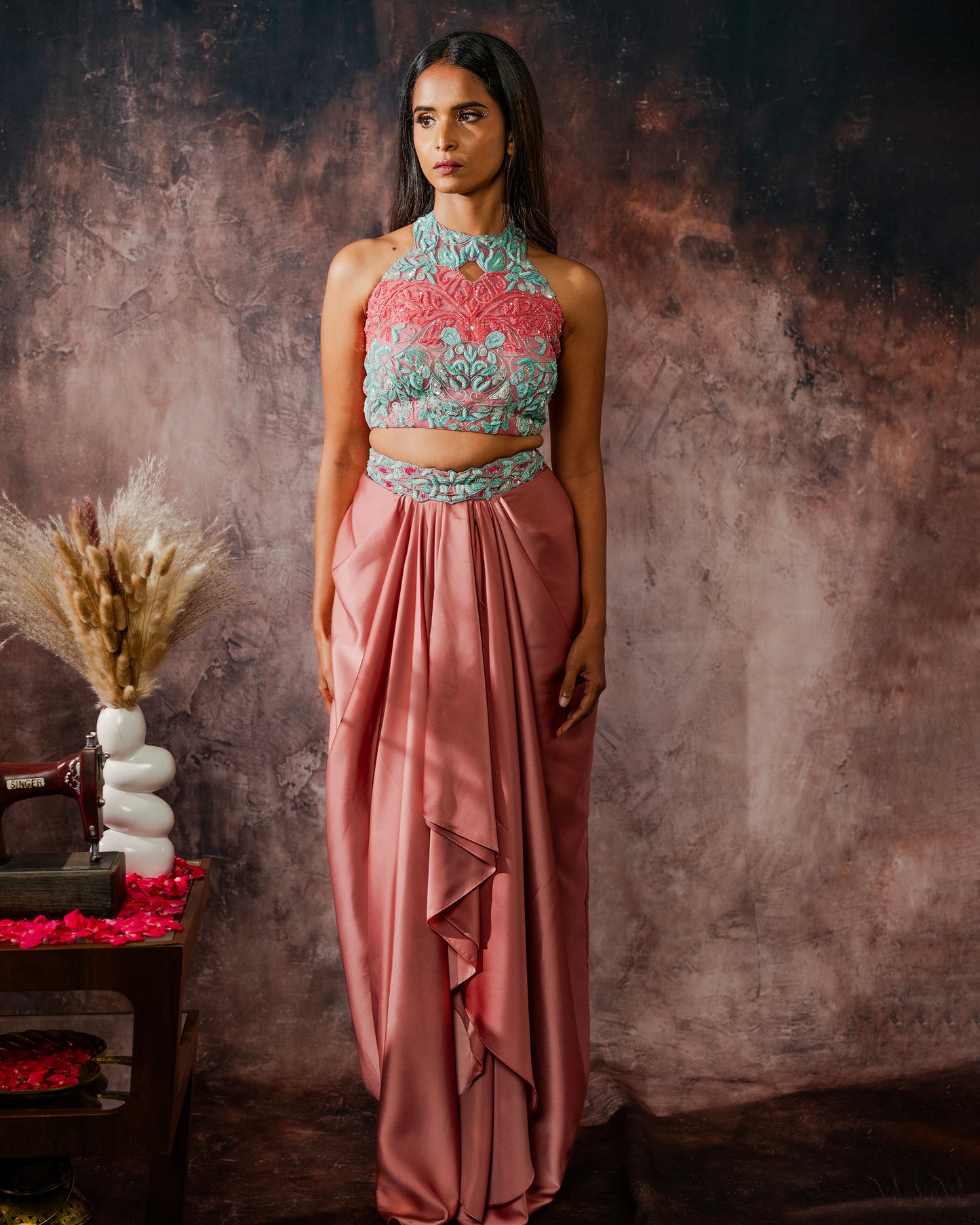 Sage and coral draped set