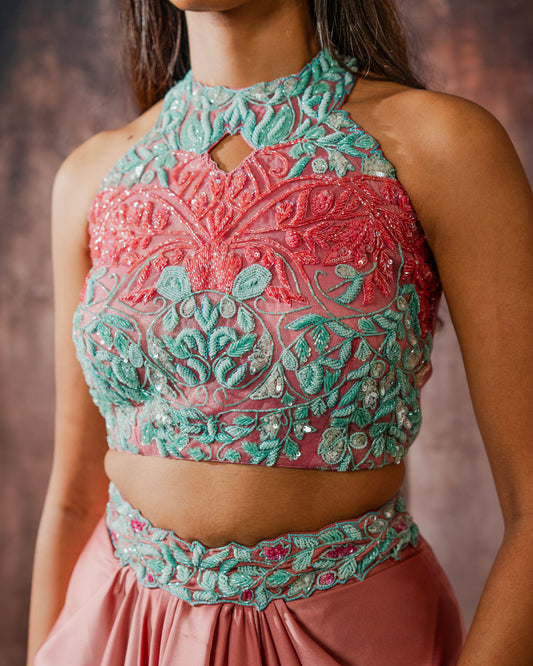 Sage and coral draped set