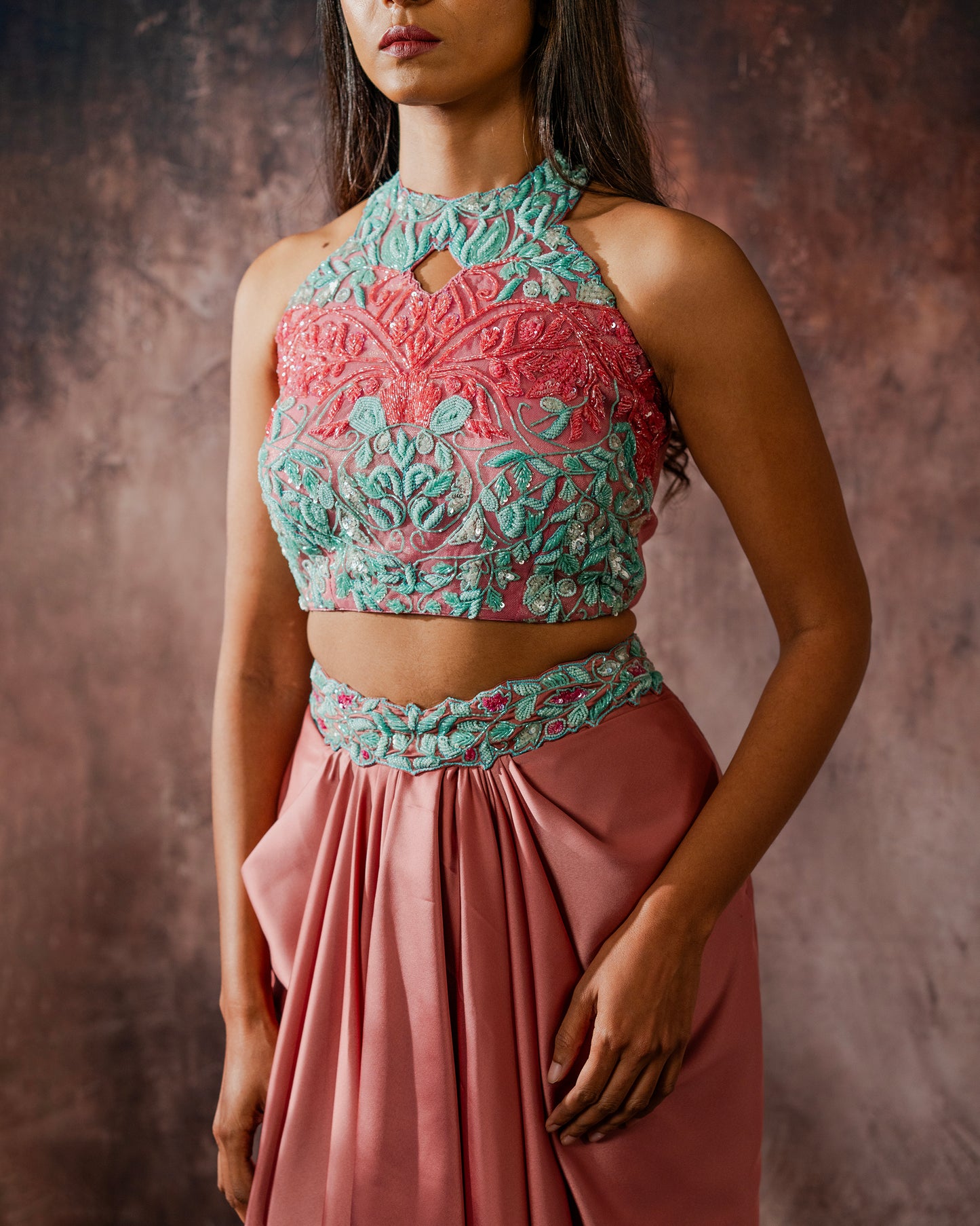 Sage and coral draped set