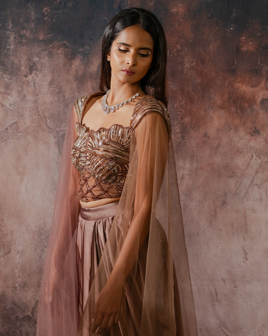 Mocha corset drape skirt set