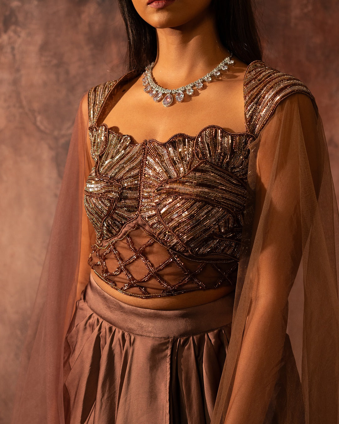 Mocha corset drape skirt set