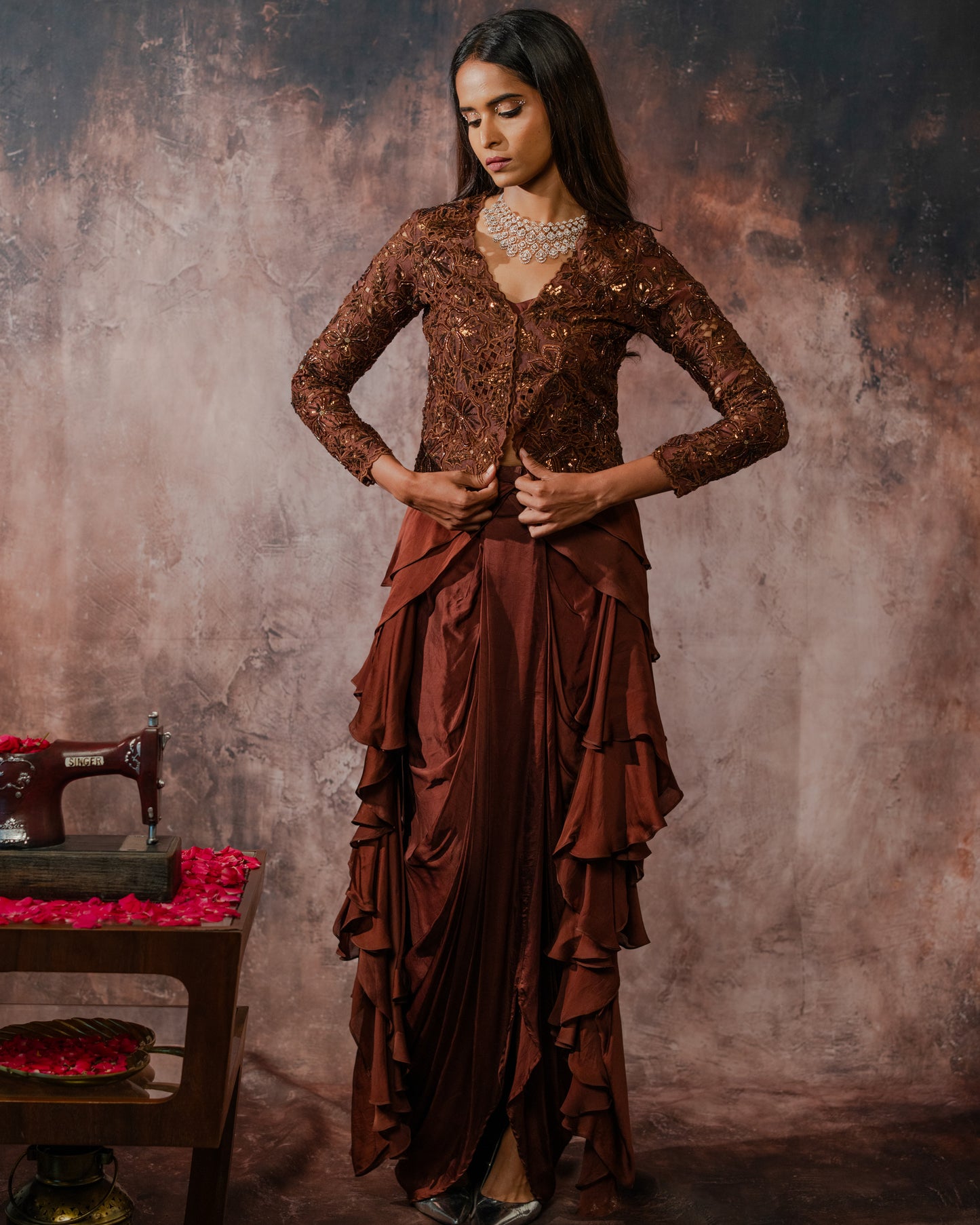 Brown cut work jacket draped skirt set