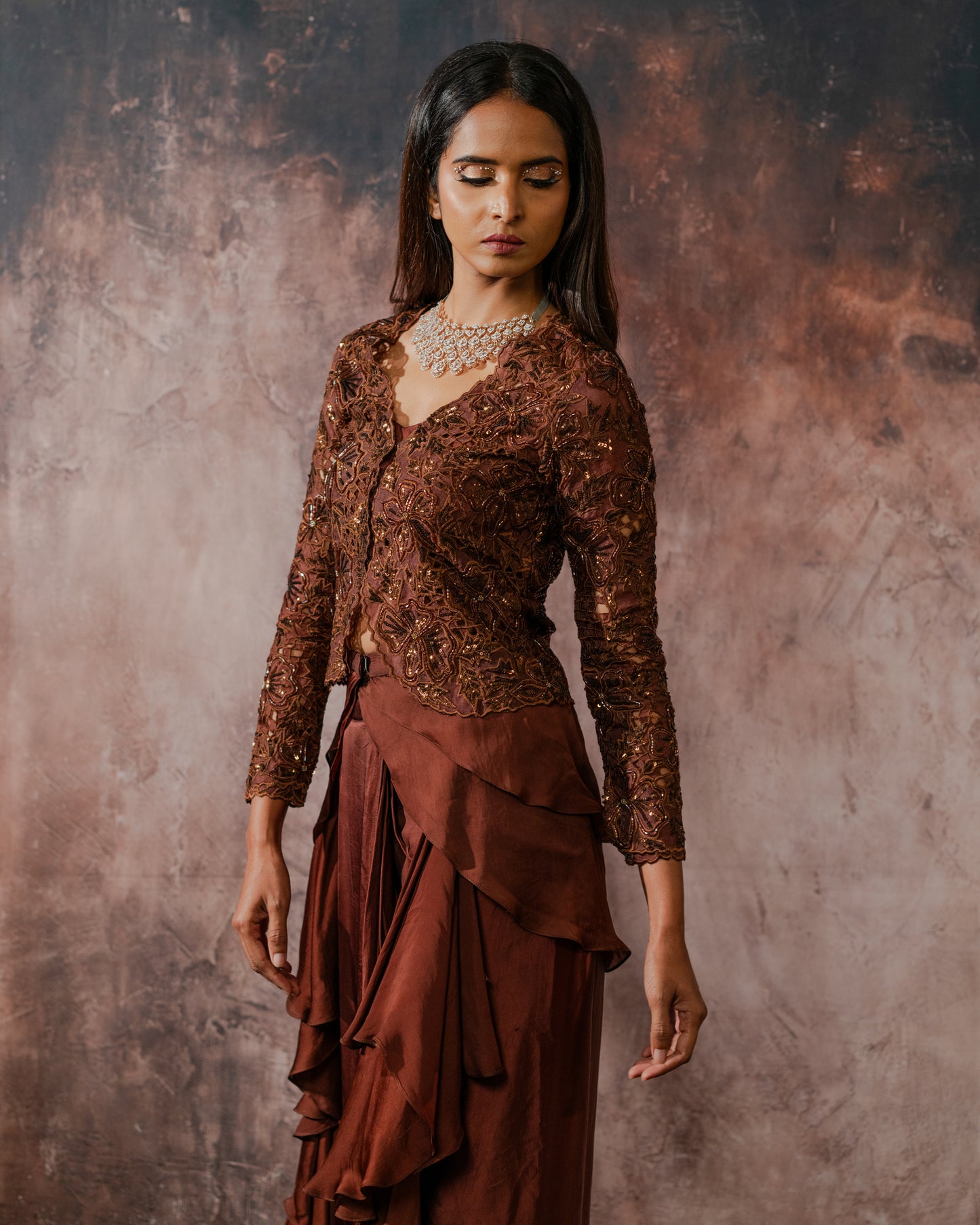 Brown cut work jacket draped skirt set