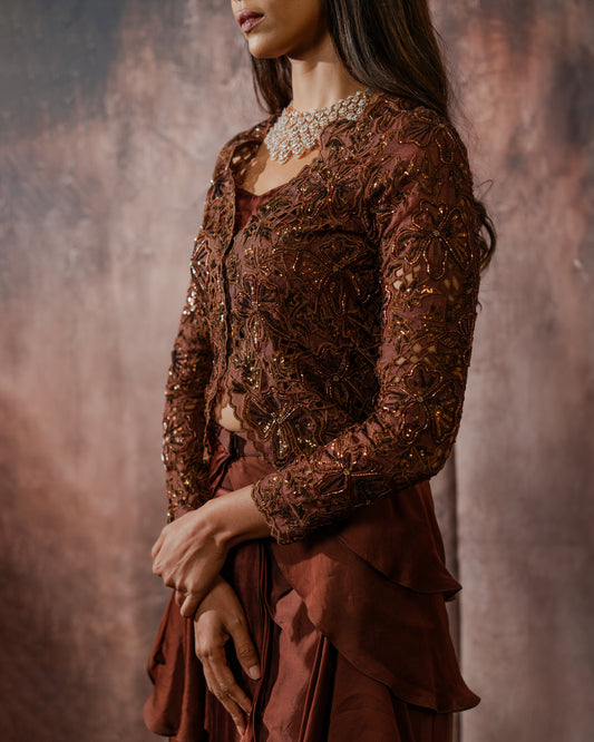 Brown cut work jacket draped skirt set