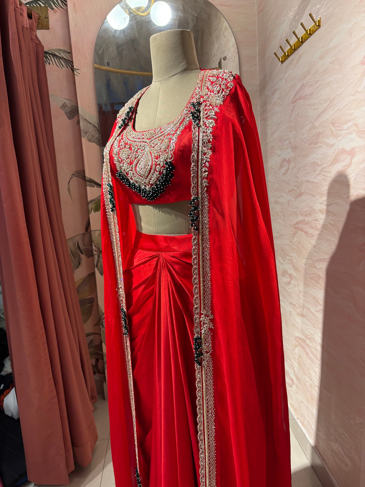 Red emerald draped skirt set