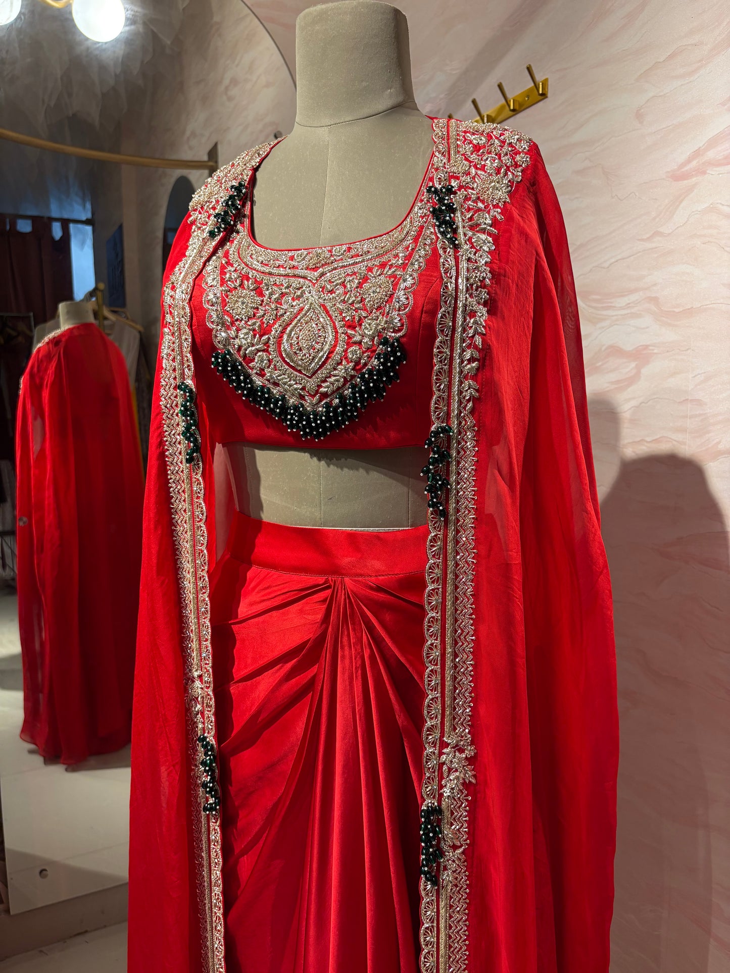 Red emerald draped skirt set
