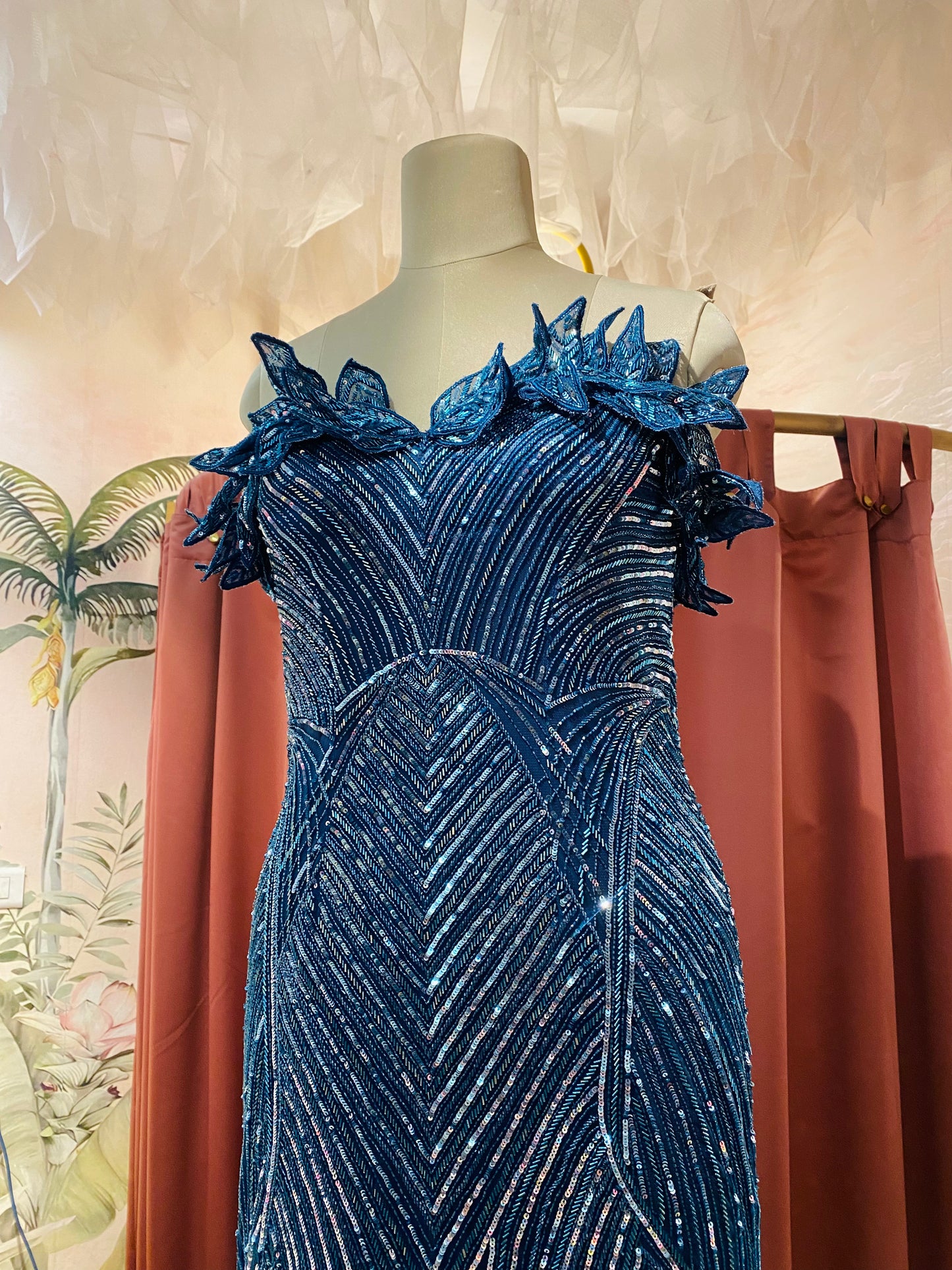 Teal blue trail gown