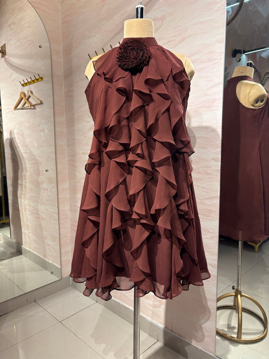 Mocha brown ruffled halter neck dress