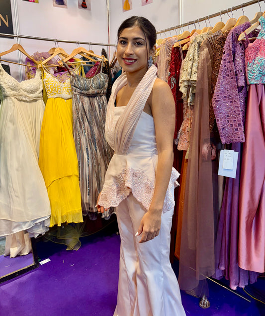 Dramatic neckline power suit