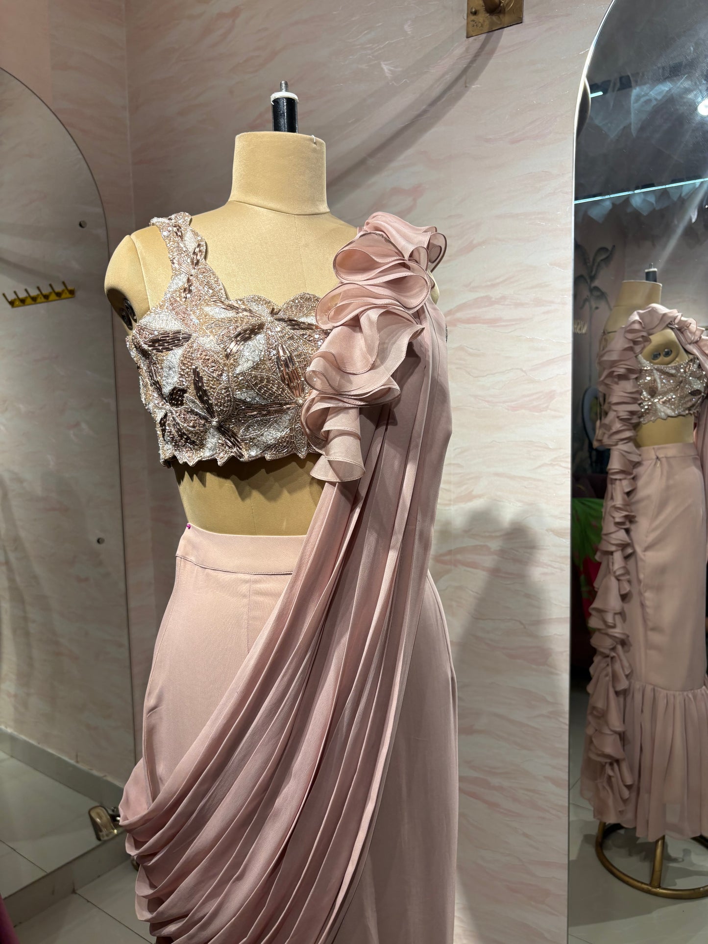 Rosè ruffled pre-draped saree set
