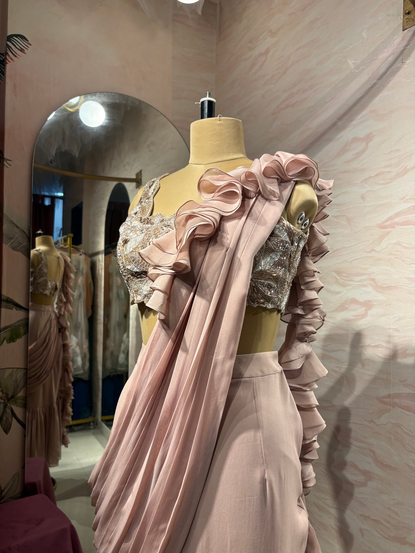 Rosè ruffled pre-draped saree set