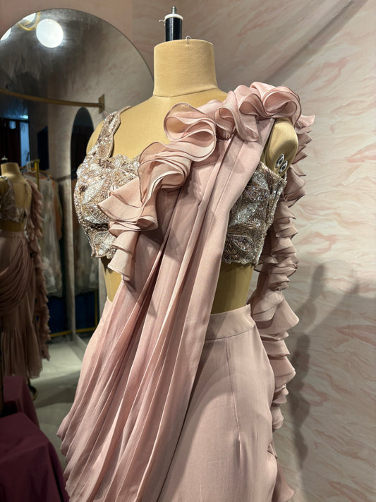 Rosè ruffled pre-draped saree set