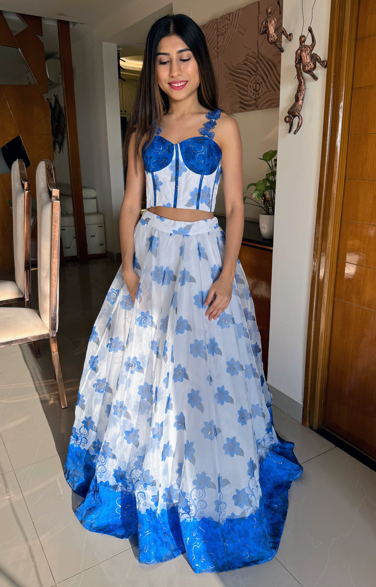 Royal blue and white floral corset skirt set