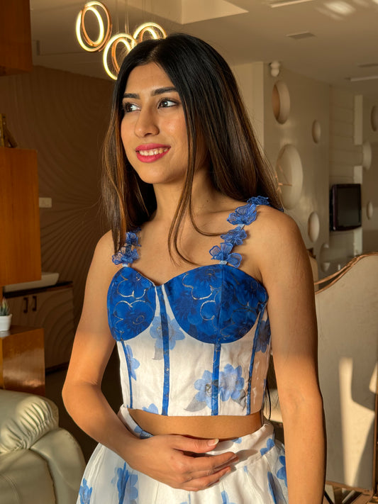 Royal blue and white floral corset skirt set