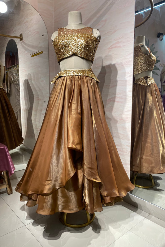 Brown tissue sequinned lehenga set