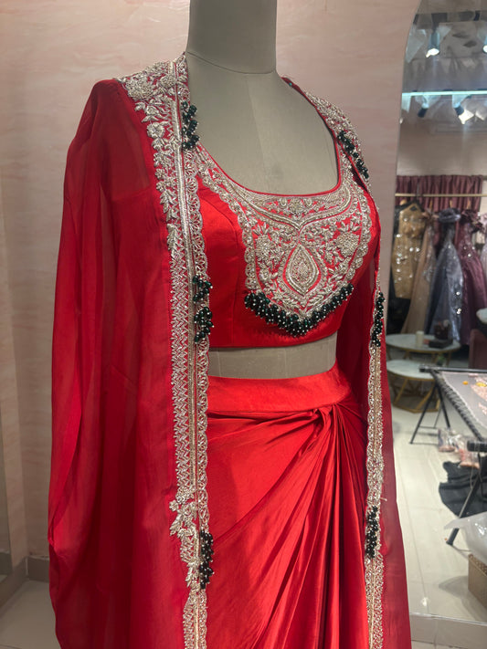 Red emerald draped skirt set