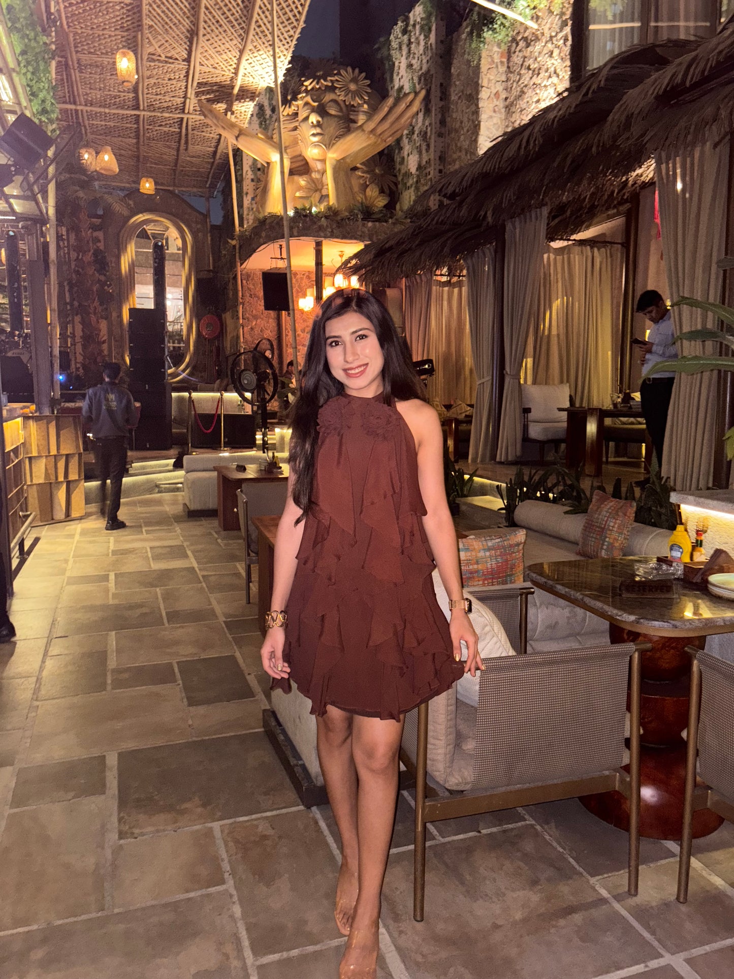 Mocha brown ruffled halter neck dress