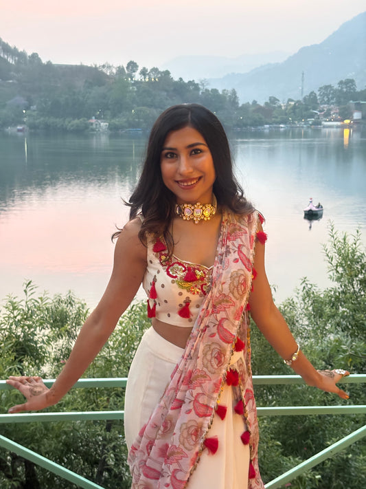 Printed tasels red and ivory pre-draped saree