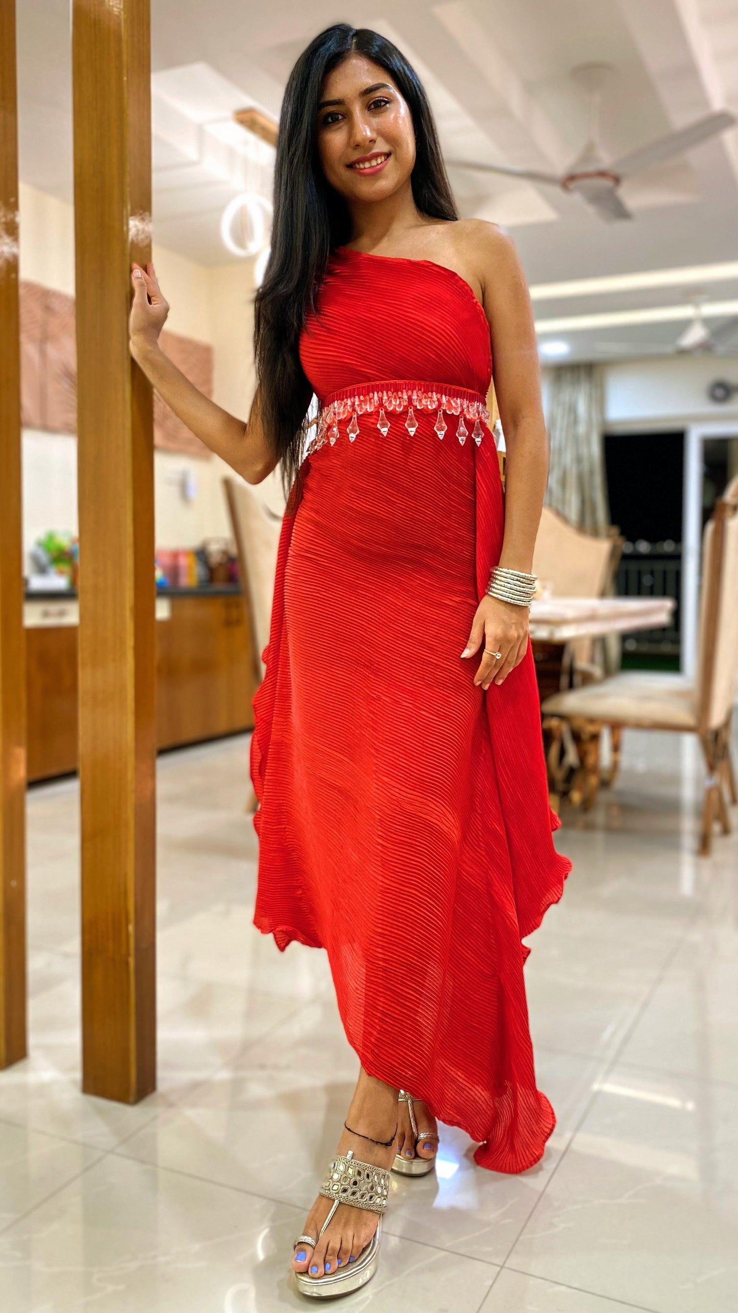 Crimson red pleated tunic with an embellished belt. - Nishi Madaan Label