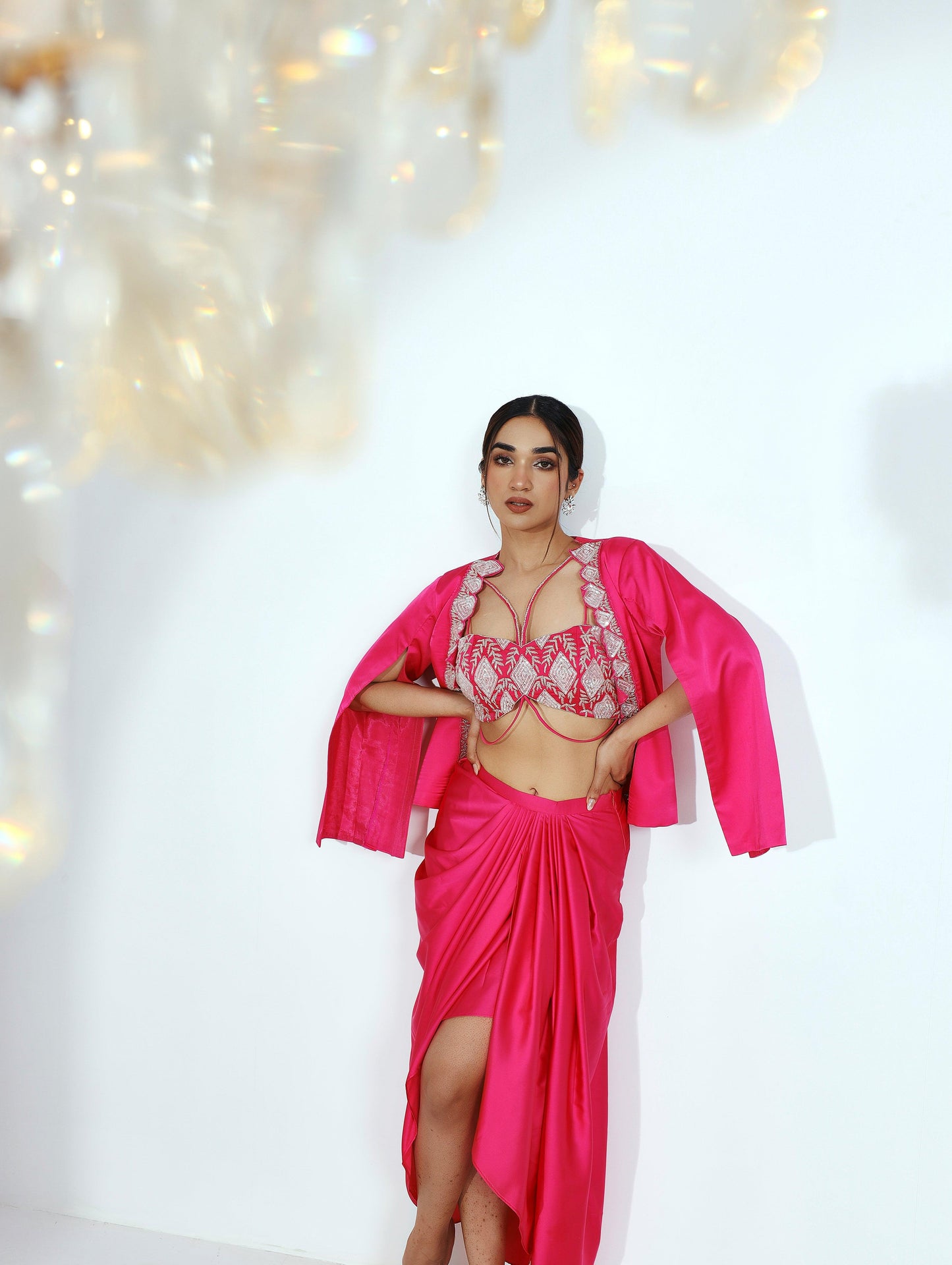 Diana pink draped skirt, blouse with jacket - Nishi Madaan Label