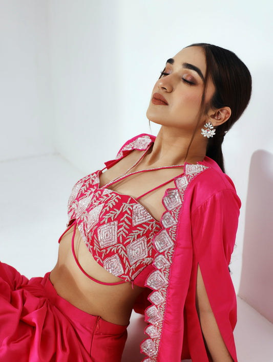Diana pink draped skirt, blouse with jacket - Nishi Madaan Label