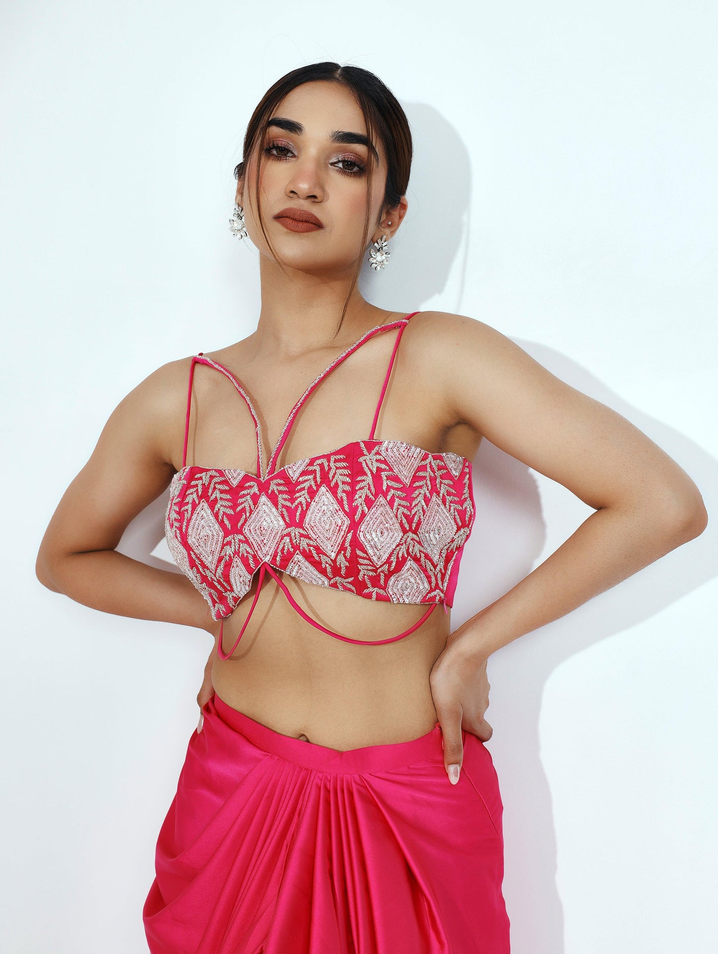 Diana pink draped skirt, blouse with jacket - Nishi Madaan Label