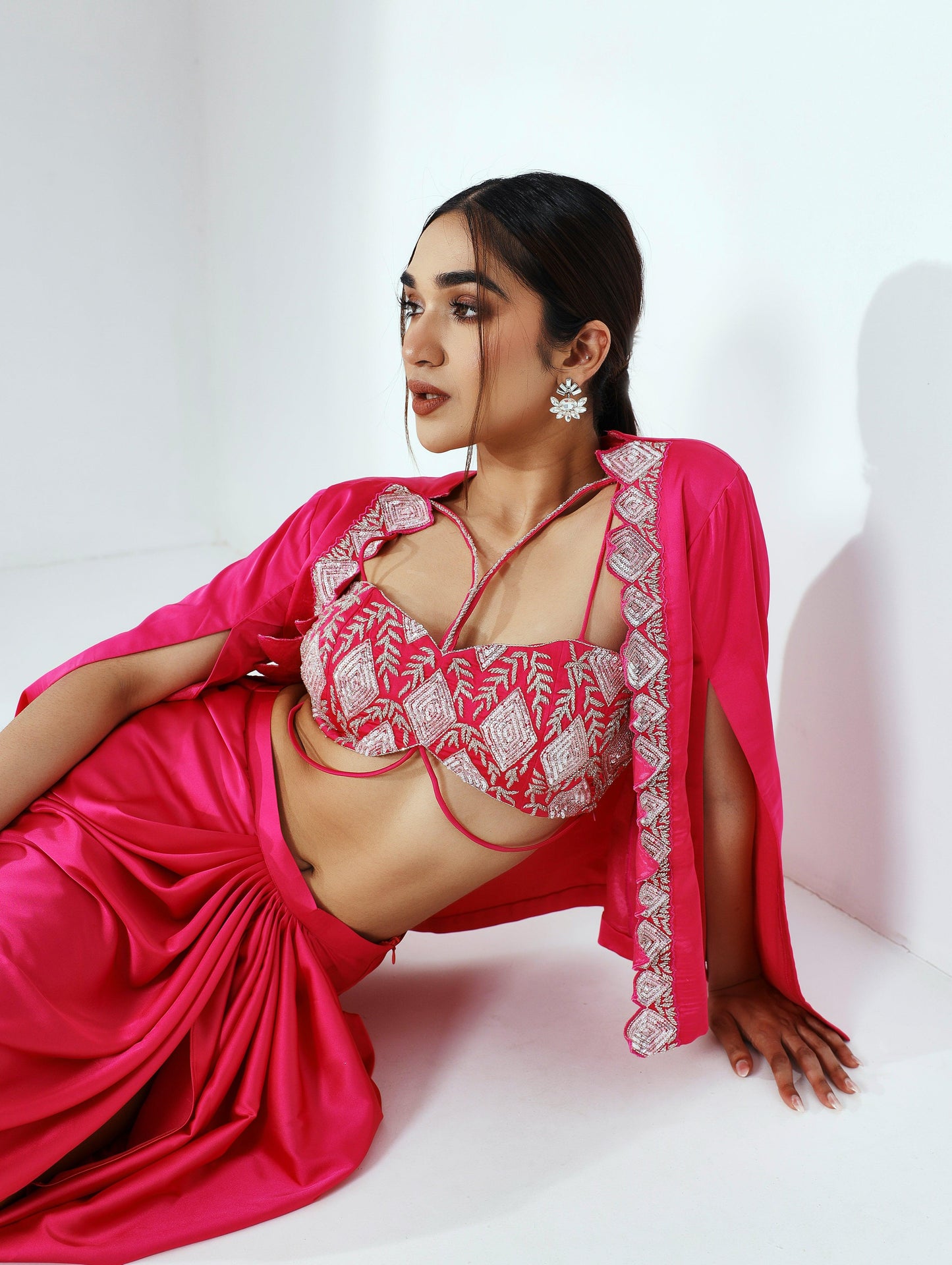 Diana pink draped skirt, blouse with jacket - Nishi Madaan Label